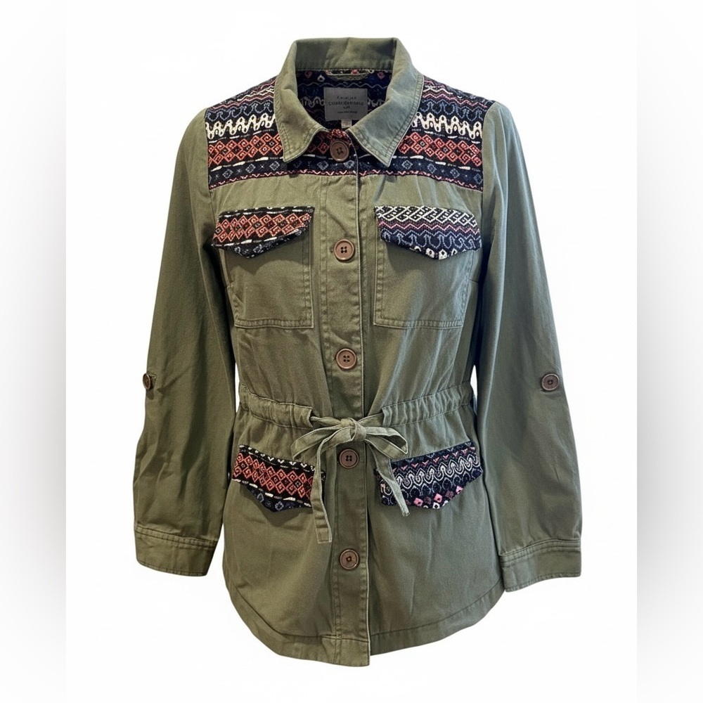 Modcloth Olive/ Army Green Utility Jacket with Patterned Accents Tag Size Medium